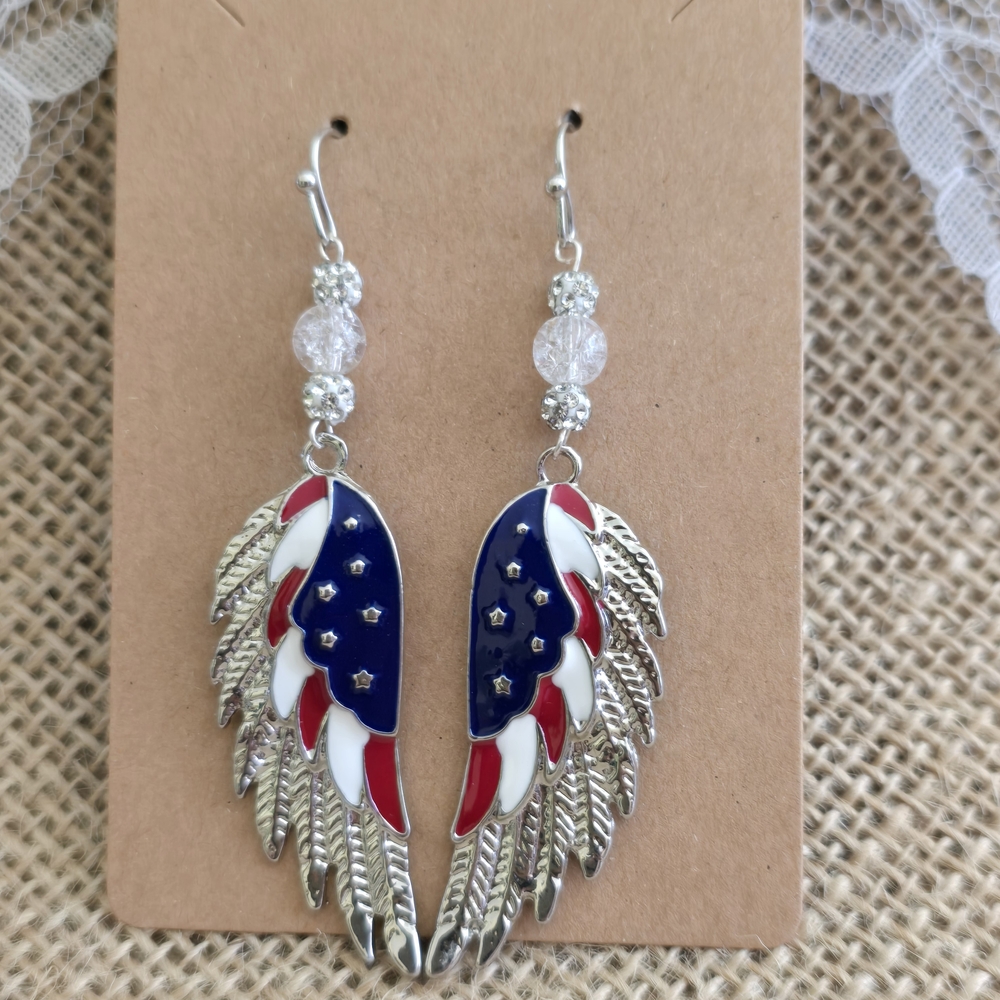 Silver Winged Earrings with Red, White, and Blue Accents